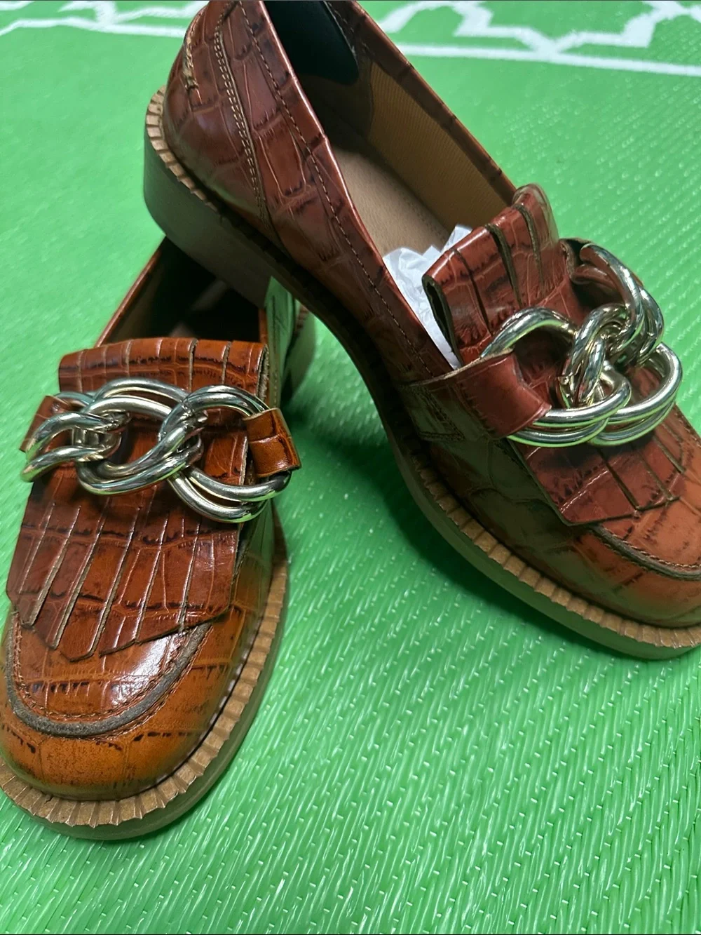 ASOS Brown Croc-Embossed Kids Loafers with Chunky Silver Chain